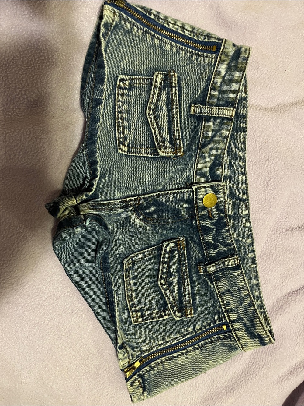 Super low rise short micro Blue Washed Denim Jean Shorts with Gold Accents